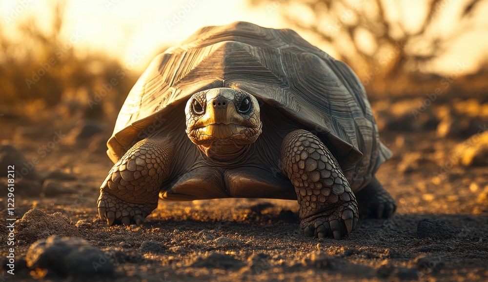 Poster close-up view of a turtle walking on dry ground with a beautiful sunset background and soft lighting