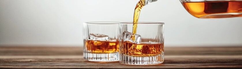 Whiskey pouring into glasses home bar beverage photography cozy setting close-up relaxation concept