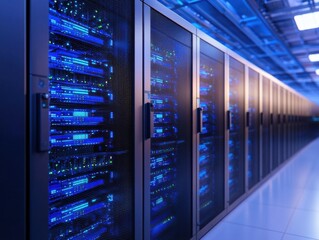 Data center operations efficient server management tech hub infrastructure blue lighting professional viewpoint