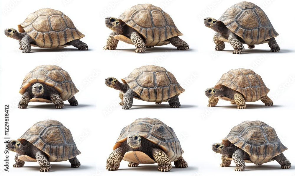 Poster collection of realistic turtle designs in various poses displayed on a white background for nature-t