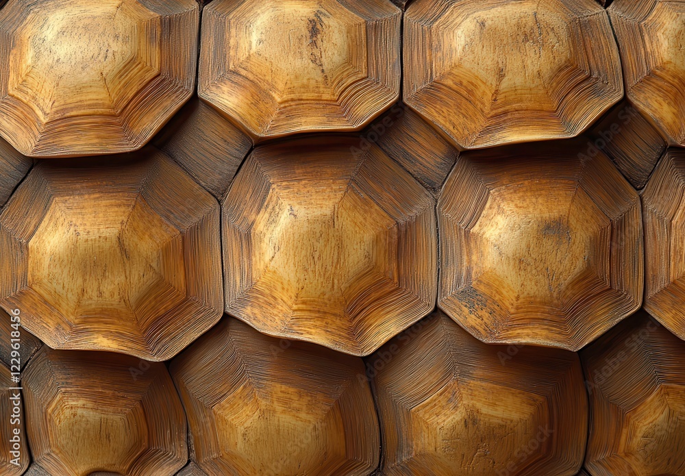 Poster close-up view of textured hexagonal wooden panels showcasing intricate grain patterns in warm tone c