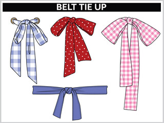 SET OF SELF FABRIC BELT TIE KNOT FOR WAIST BAND, BAGS, SHOES, JACKETS, SHORTS, PANTS, DRESS GARMENTS, DRAWCORD AGLETS FOR CLOTHING AND ACCESSORIES VECTOR ILLUSTRATION