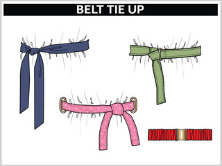 SET OF SELF FABRIC BELT TIE KNOT FOR WAIST BAND, BAGS, SHOES, JACKETS, SHORTS, PANTS, DRESS GARMENTS, DRAWCORD AGLETS FOR CLOTHING AND ACCESSORIES VECTOR ILLUSTRATION