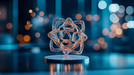 Glass Atomic Structure on Display Stand: A Futuristic Science Concept