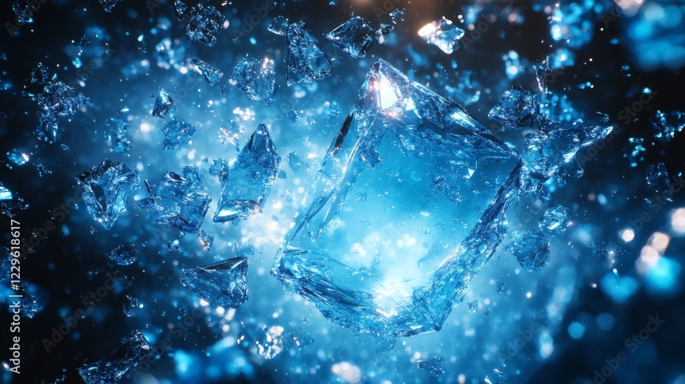 Fototapete abstract scene of scattered blue glass shards floating in space with translucent reflections and sha