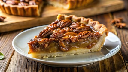 Indulge in a homemade pecan pie slice; a sweet autumn treat, perfectly baked, photographed, and ready for Thanksgiving.