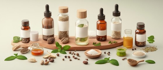 Variety of different types of spices in small containers on wooden surface