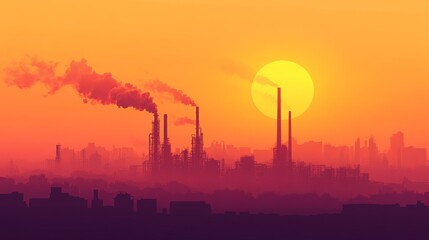 Obraz premium A striking industrial skyline at sunset with silhouetted factories emitting smoke. The vivid orange hues highlight the ongoing challenges of pollution and urban growth.