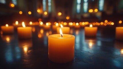 A Single Candle Burns Brightly, Surrounded By Softly Glowing Candles In A Dimly Lit Church Or Chapel. The Atmosphere Is Peaceful And Contemplative.