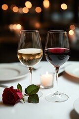 Wine glasses with red and white wine on a romantic dinner table, candlelight ambiance, rose petals, and a cozy atmosphere for celebration or special occasions.