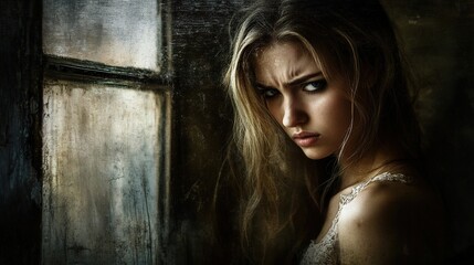 Fototapeta premium Depression woman crying by the window, light streaming through, expressing deep emotions