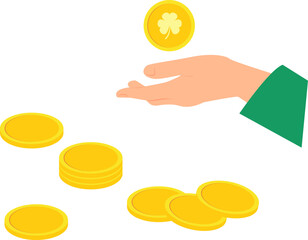 Hand wearing green sleeve holding gold coin with shamrock image on the backgound of scattered gold coins. Vector illustration with transparent background.
