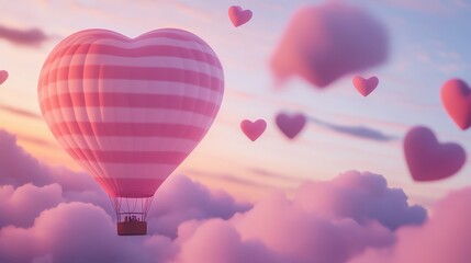 Obraz premium Hot air balloon shaped like a heart floating among clouds at sunset, creating a romantic atmosphere, ideal for Valentines Day or love-themed projects.