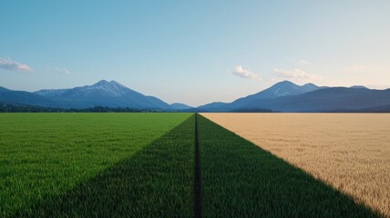 Fototapeta premium Contrast of lush green and golden fields mountain landscape nature photography daytime aerial view seasonal change