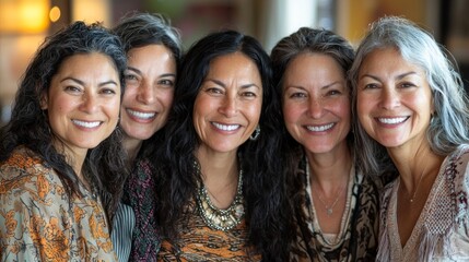 Obraz premium Five women share radiant smiles, capturing the essence of friendship and joy. Their styles reflect a blend of cultures, set in a warmly lit space, creating an inviting and festive vibe