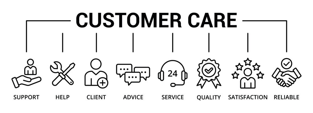 Customer Care banner icon with support, help, client, advice, service, quality, satisfaction, reliable