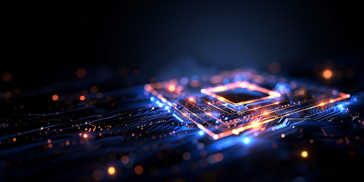 Abstract Glowing Circuit Board with Blue and Orange Lights 
