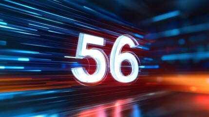 Glowing Blue and Orange Digital Number 56 in Fast Motion Blur on Technology Background