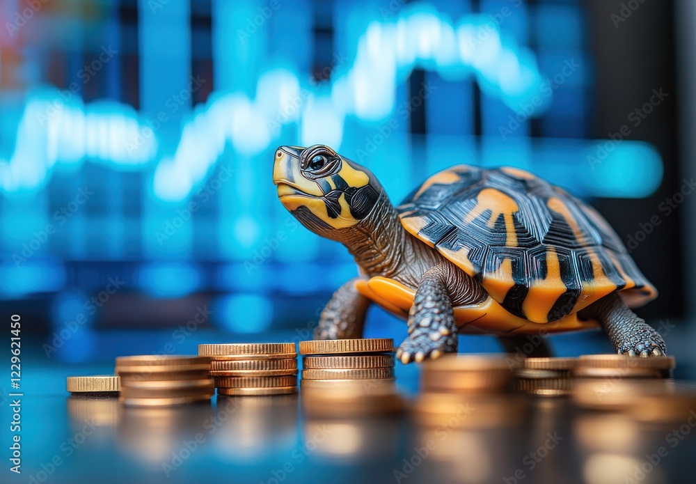 Poster colorful turtle figurine on a stack of coins with abstract financial graph background highlighting i