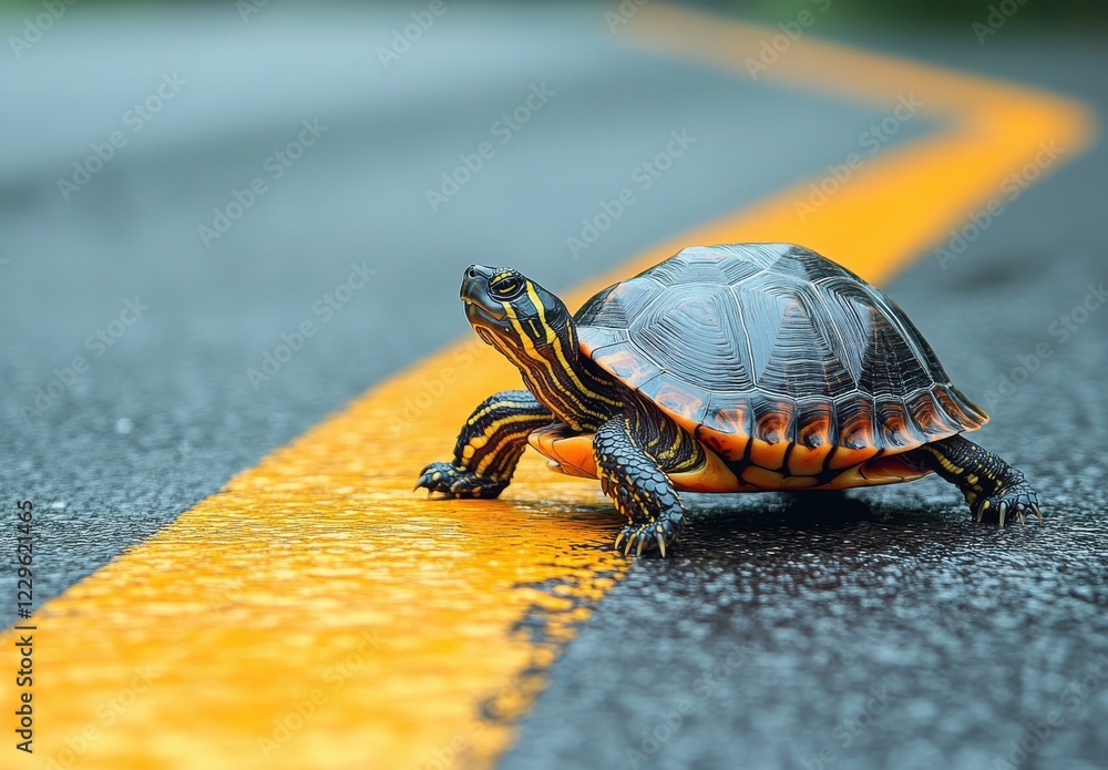 Poster colorful turtle crossing the road captured in a vibrant setting under natural light, showcasing intr