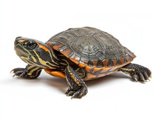 Obraz premium Colorful turtle on white background showcasing unique patterns and textures with vibrant orange and black stripes poised gracefully for a captivating photograph