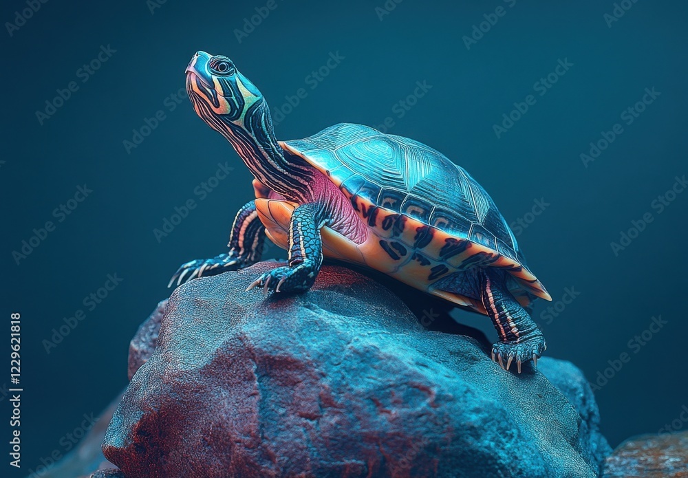 Poster colorful turtle perched on a rock showcasing vibrant patterns in a tranquil aquarium setting with so