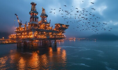 Obraz premium Illuminated oil rig, birds fly at dusk.
