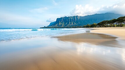 Serene beach landscape with gentle waves, mountains in the background, and clear skies