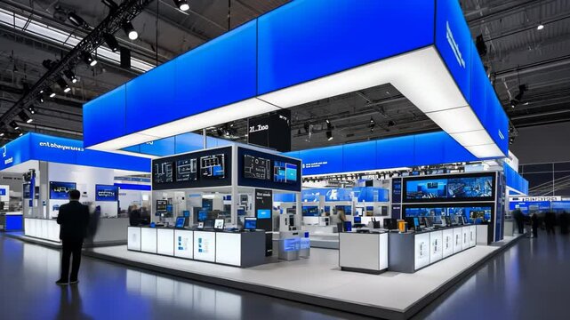 Timelapse trade show atmosphere with vendors and attendees, reflecting the professional spirit of business events, suitable for advertisements or marketing campaigns.