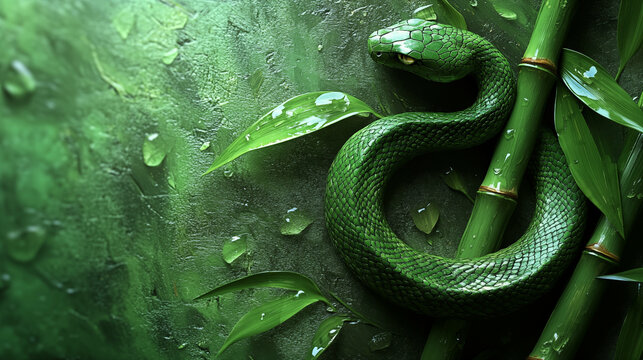 Green tree python coiled around bamboo with water droplets in tropical setting. Exotic snake species displaying natural camouflage in rainforest habitat