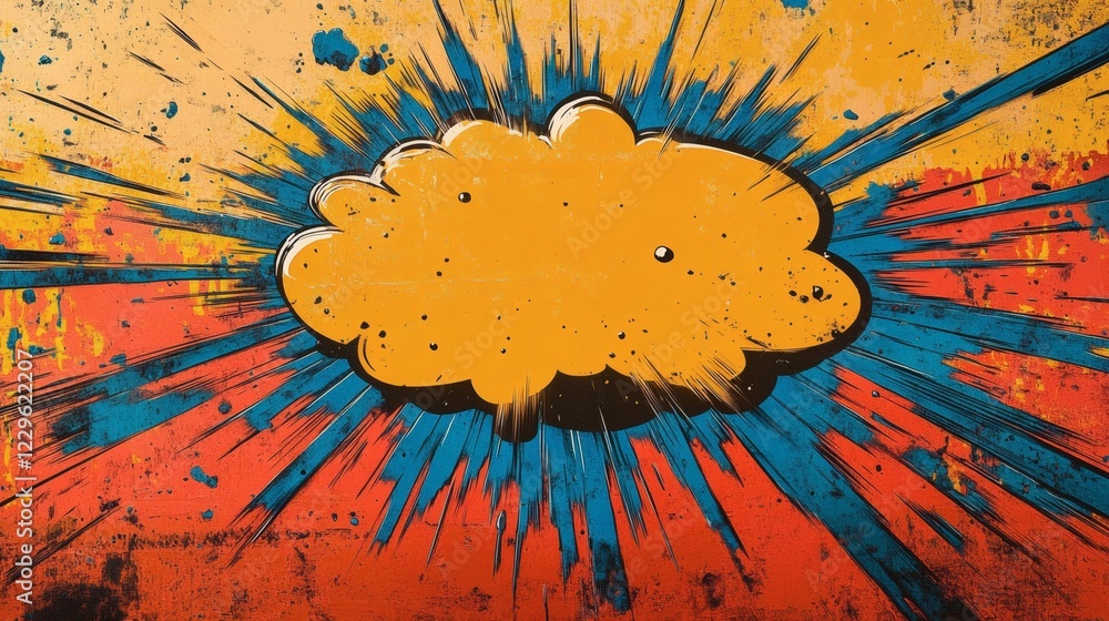Poster exploding speech bubble in bold comic style with sharp rays of color and action lines shooting outwa