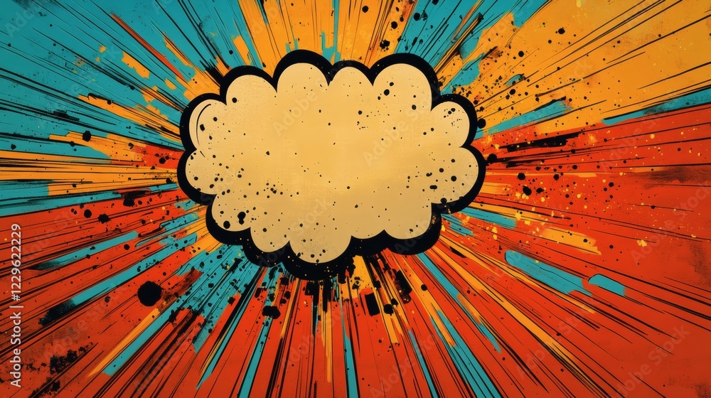 Poster exploding speech bubble in bold comic style with sharp rays of color and action lines shooting outwa