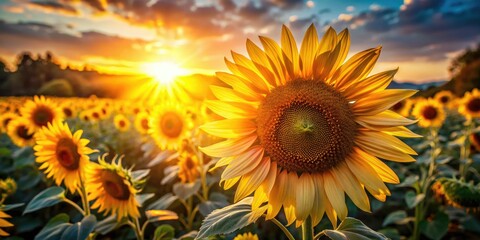 Obraz premium Macro lens captures vibrant summer sunflowers, golden blooms dominate a rural landscape in close-up nature photography.