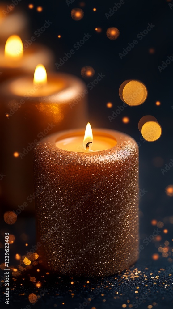 Poster sparkly gold candles glow softly on a dark background, creating a warm and inviting atmosphere.