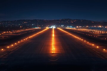 Obraz premium Illuminated runway at night city skyline background