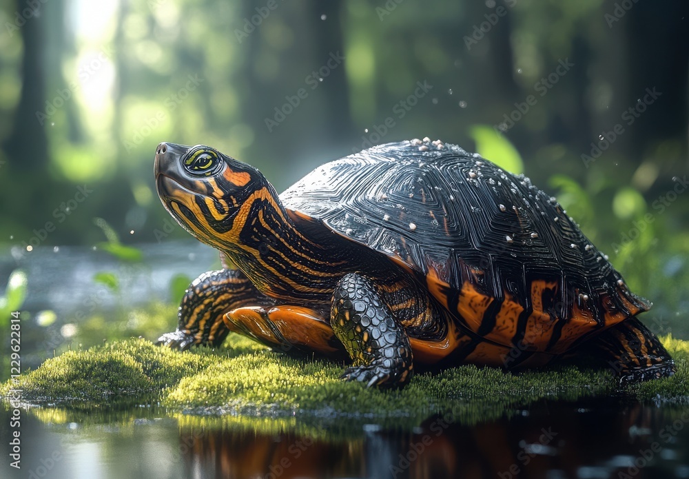 Poster colorful turtle resting on moss by a tranquil water body in a serene forest, showcasing intricate sh