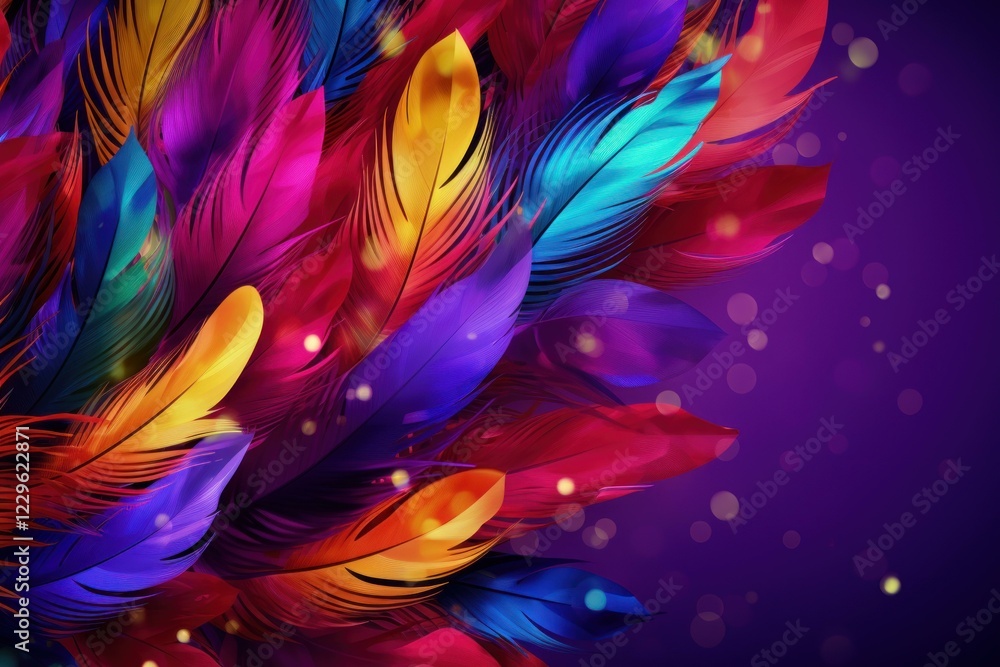 Poster colorful feathers are creating a vibrant and festive background design with bokeh effect