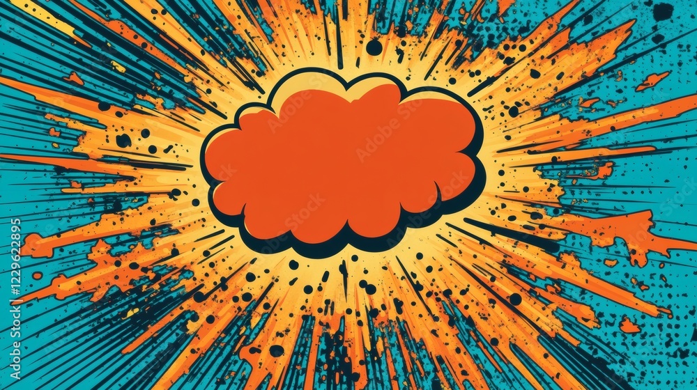 Aufkleber exploding speech bubble in bold comic style with sharp rays of color and action lines shooting outwa
