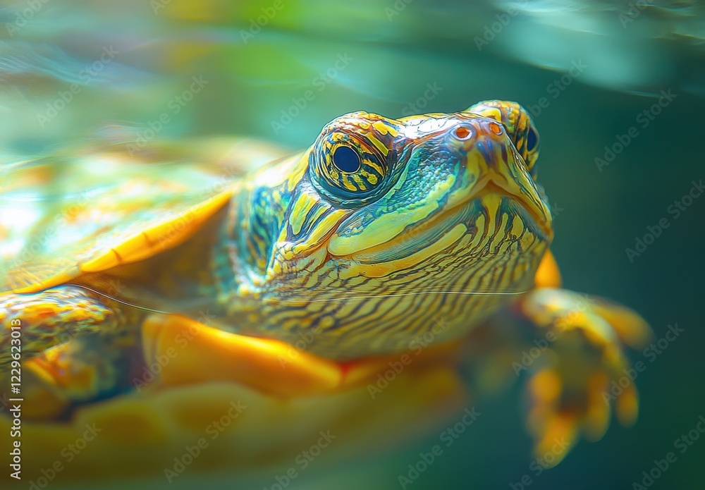 Poster colorful turtle swimming underwater with clear blue background and vibrant patterns on shell capture