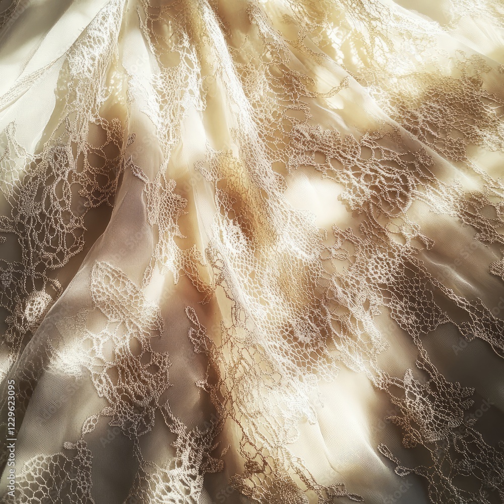Poster close-up of elegant lace fabric with intricate patterns, softly illuminated by sunlight, creating a 