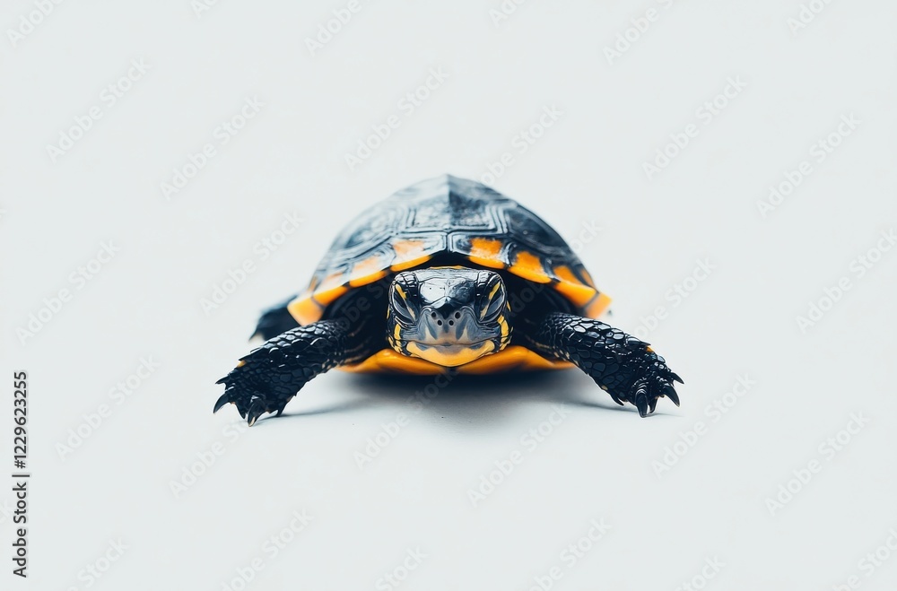 Poster colorful turtle with black and orange shell isolated on a light background, showcasing unique patter