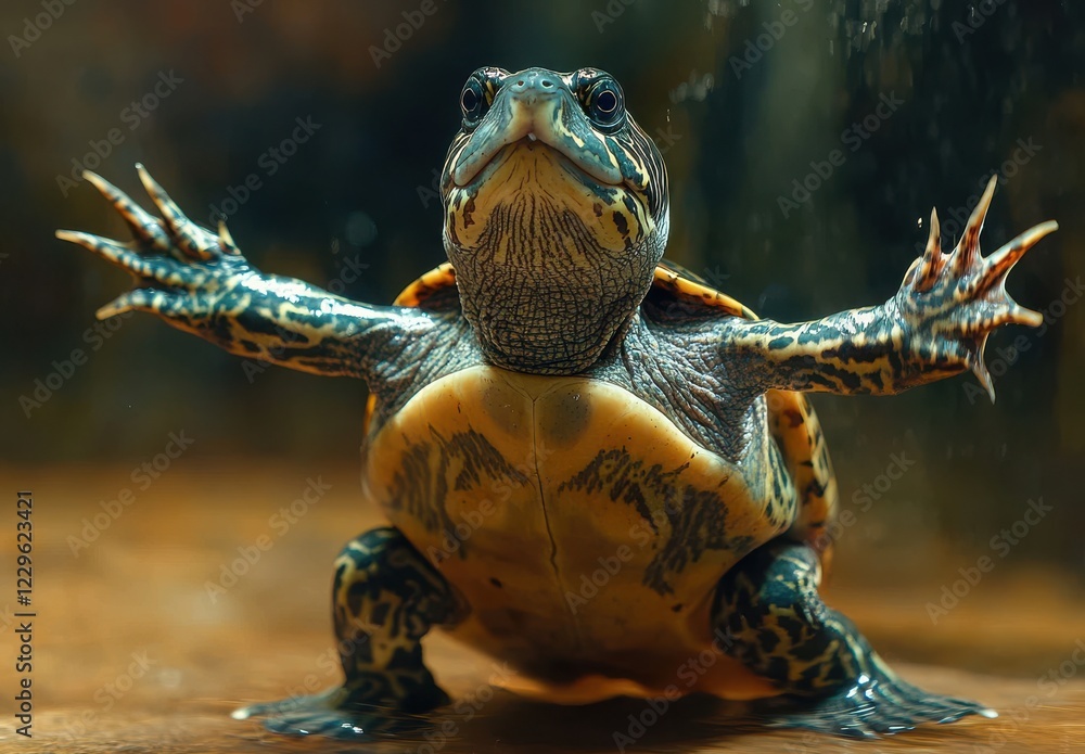 Poster colorful turtle with intricate patterns and unique features posing underwater, showcasing its limbs,