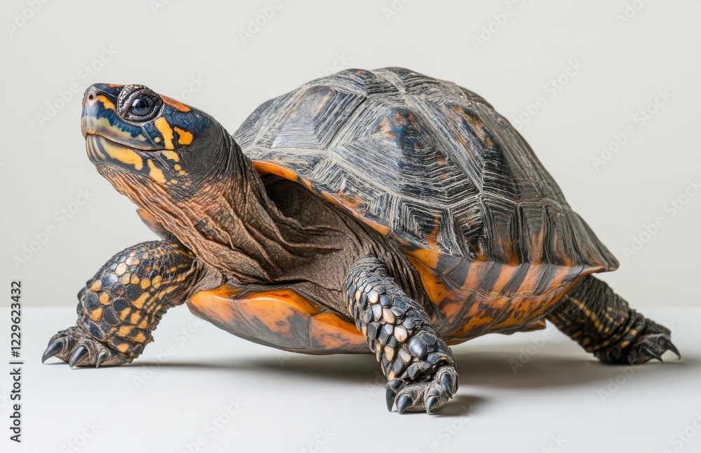 Poster colorful turtle with intricate shell patterns on a light background, showcasing its detailed texture