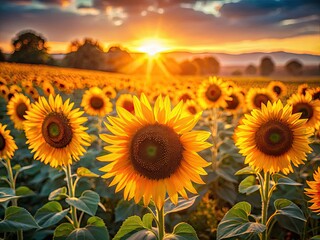 Fototapeta premium Miniature sunflower field bathed in magical sunrise; tilt-shift effect creates a whimsical, dawn landscape.
