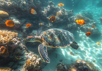 Obraz premium Colorful Underwater Scene with Sea Turtle Swimming Alongst Coral Reef Surrounded by Vibrant Fish in Clear Aquatic Environment