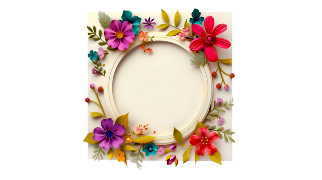 Floral Frame Design Colorful Flowers Circle Background,  isolated on transparent background