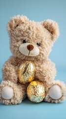 Fototapeta premium Studio product shot of a cute teddy bear holding a chocolate Easter egg