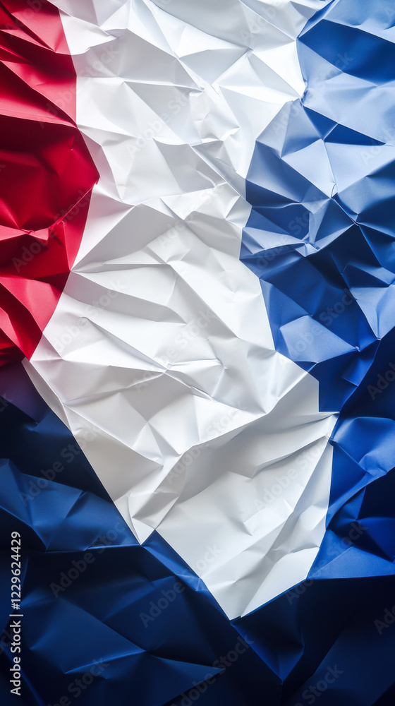 Poster geometric abstraction featuring three-dimensional triangular shapes in shades of blue, gray, and red