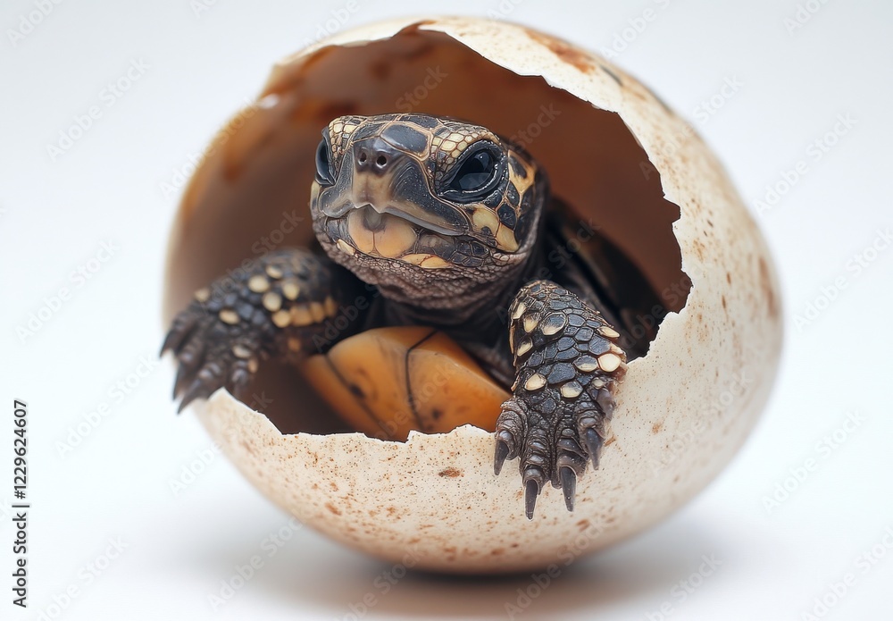 Poster cute baby turtle emerging from egg shell with unique patterns and expressions in natural light, symb