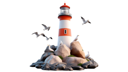 Red and White Lighthouse on Rocky Coastline isolated on transparent background